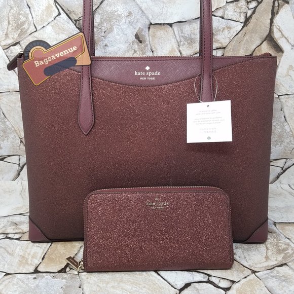 ✨ Shimmy Glitter Top Zip Tote Shoulder Bag Deep Nova Burgundy Wallet Kate spade - Picture 2 of 16